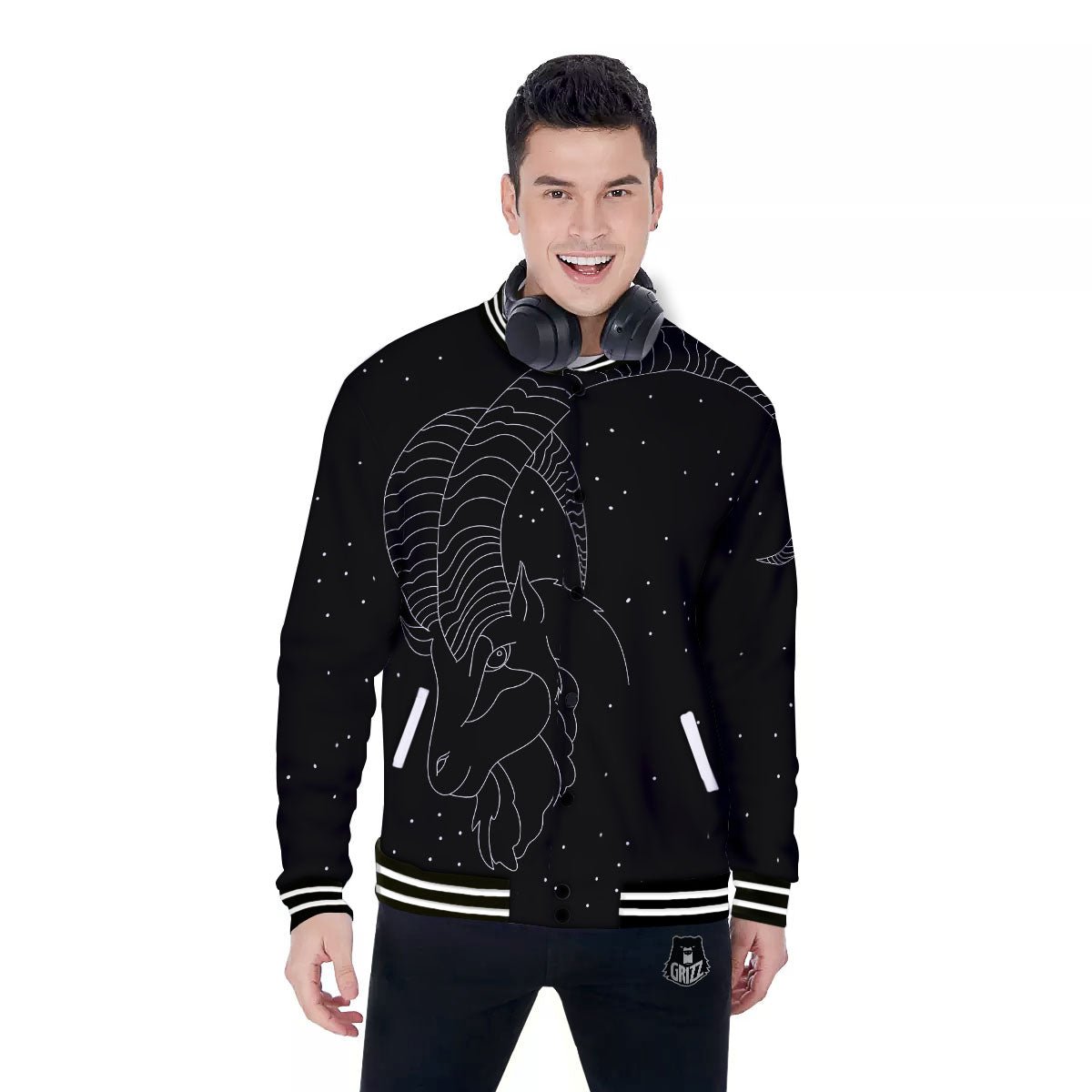 Capricorn Sign White And Black Print Baseball Jacket-grizzshop
