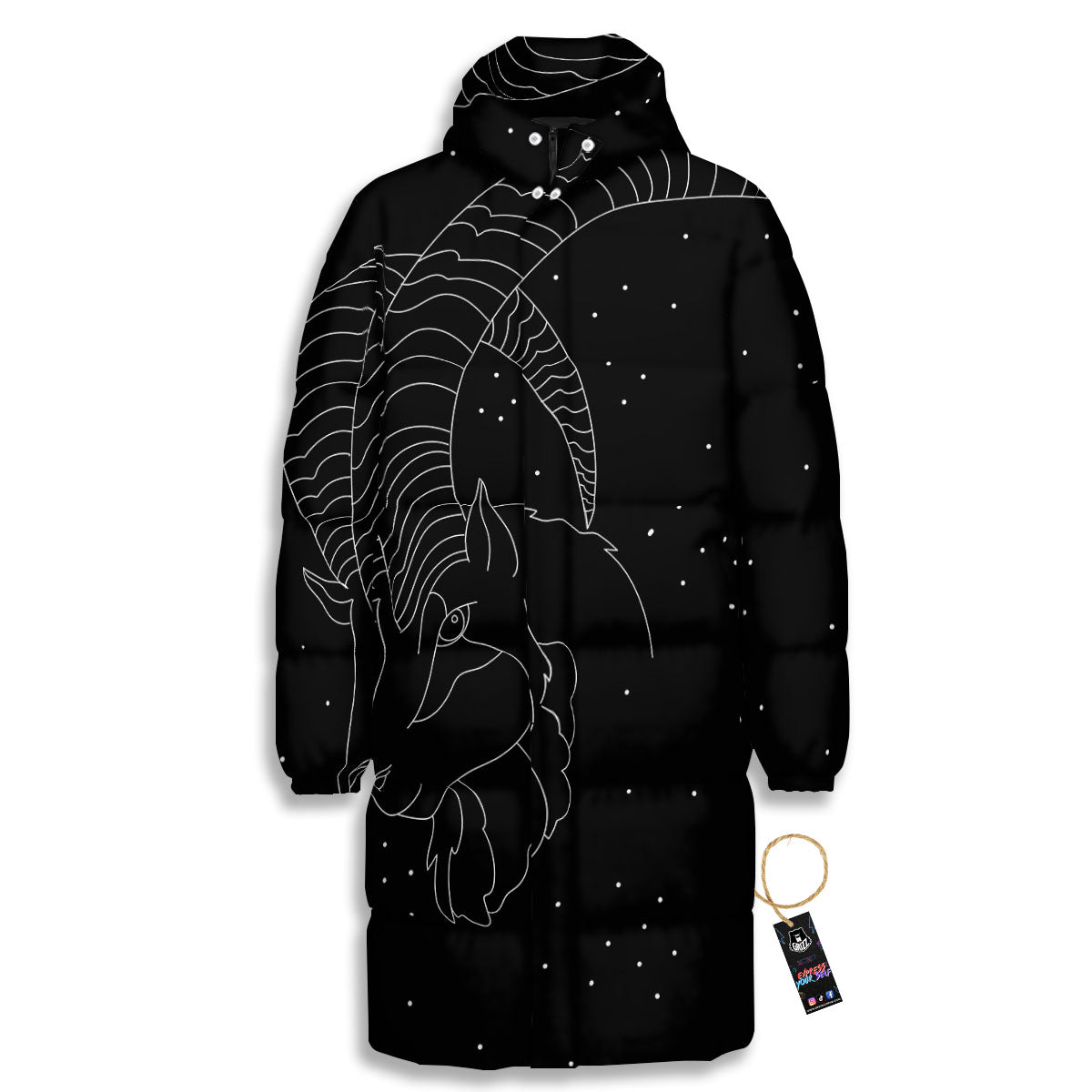 Capricorn Sign White And Black Print Long Down Jacket-grizzshop