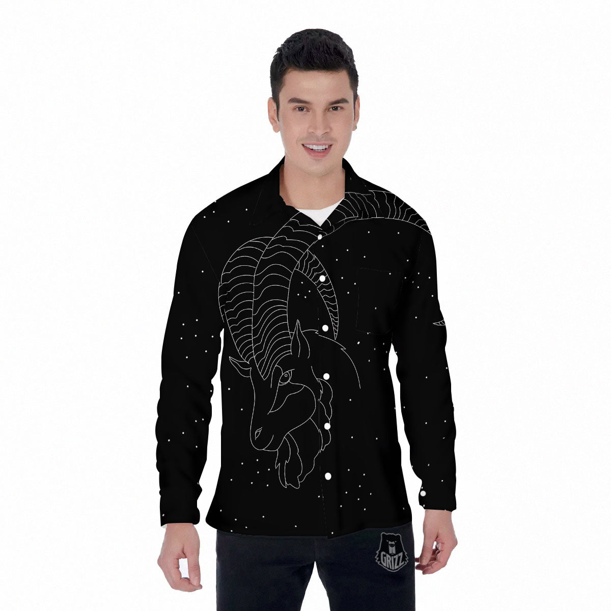 Capricorn Sign White And Black Print Men's Long Sleeve Shirts-grizzshop