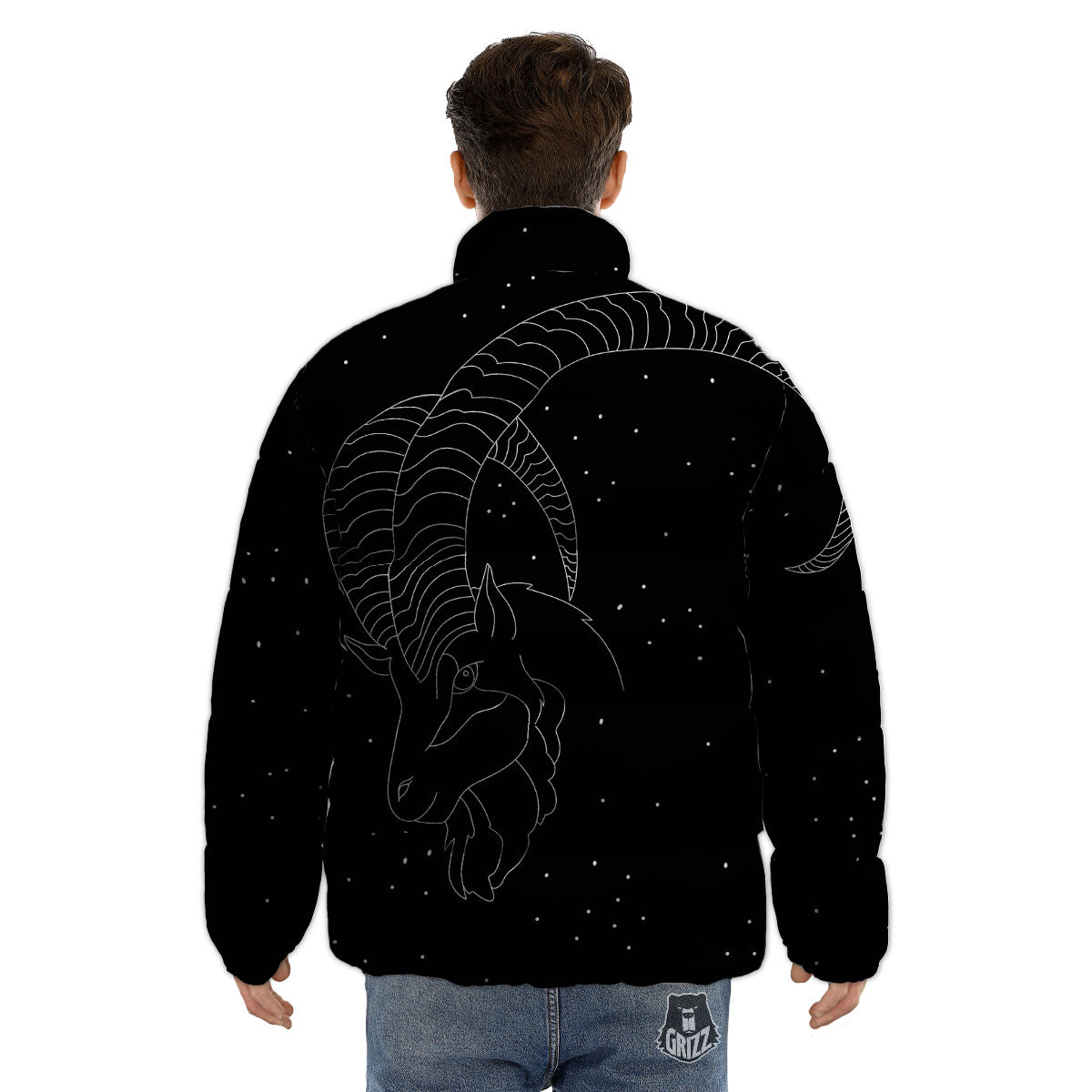 Capricorn Sign White And Black Print Puffer Jacket-grizzshop