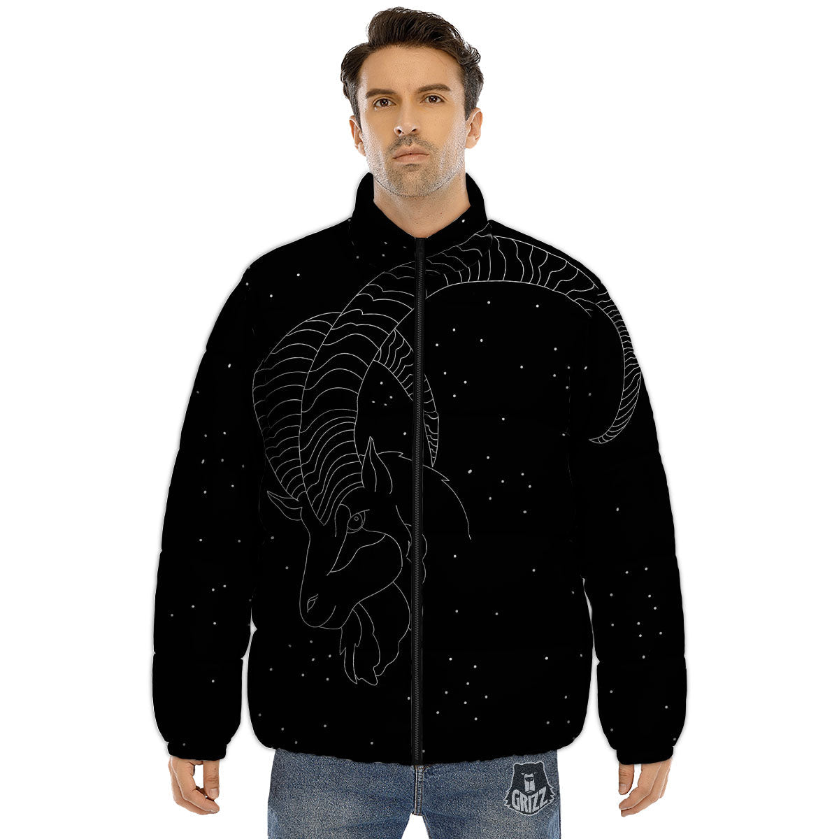 Capricorn Sign White And Black Print Puffer Jacket-grizzshop