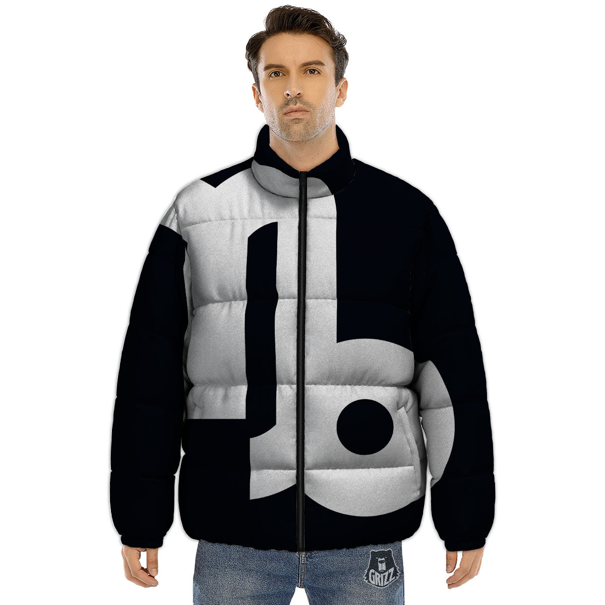 Capricorn Sign Zodiac White And Black Print Puffer Jacket-grizzshop