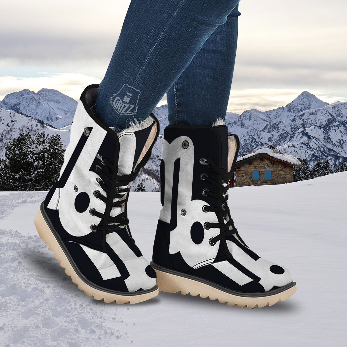 Capricorn Sign Zodiac White And Black Print Snow Boots-grizzshop