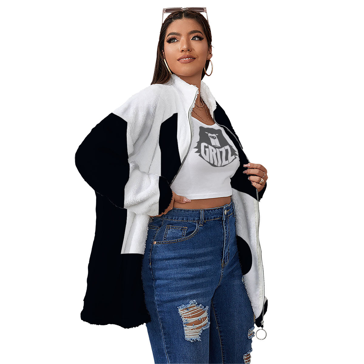 Capricorn Sign Zodiac White And Black Print Women's Sherpa Jacket-grizzshop