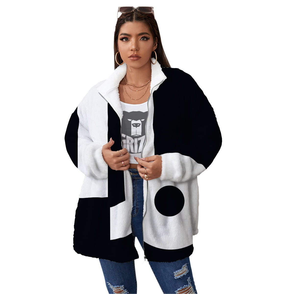 Capricorn Sign Zodiac White And Black Print Women's Sherpa Jacket-grizzshop