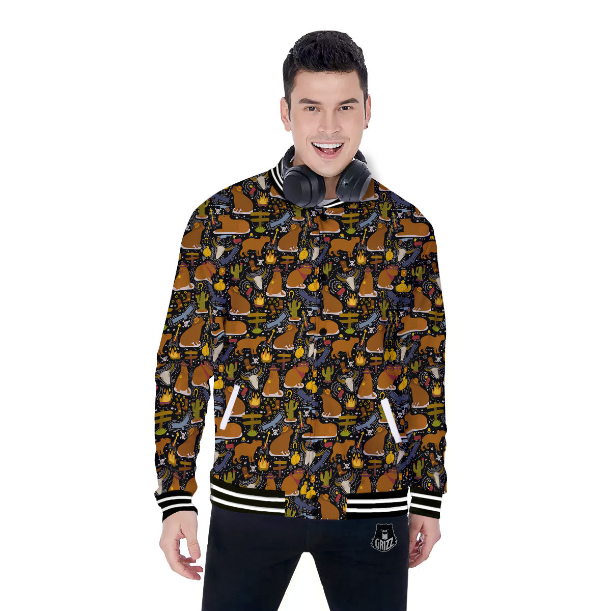 Capybaras Print Pattern Baseball Jacket-grizzshop