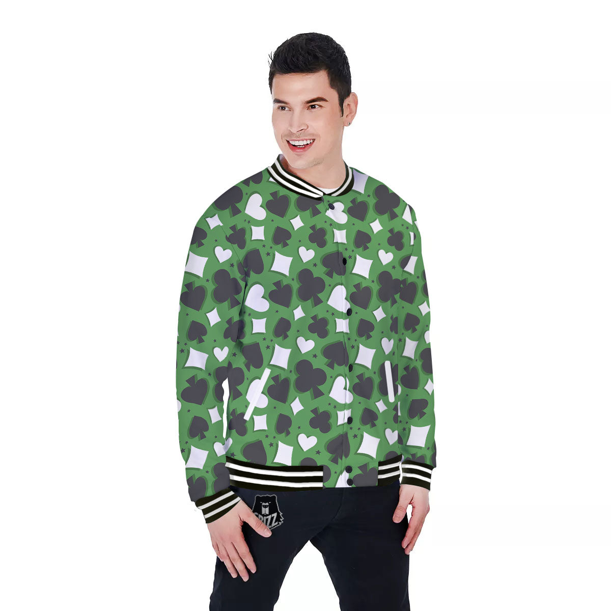 Card Suits Green Playing Print Pattern Baseball Jacket-grizzshop