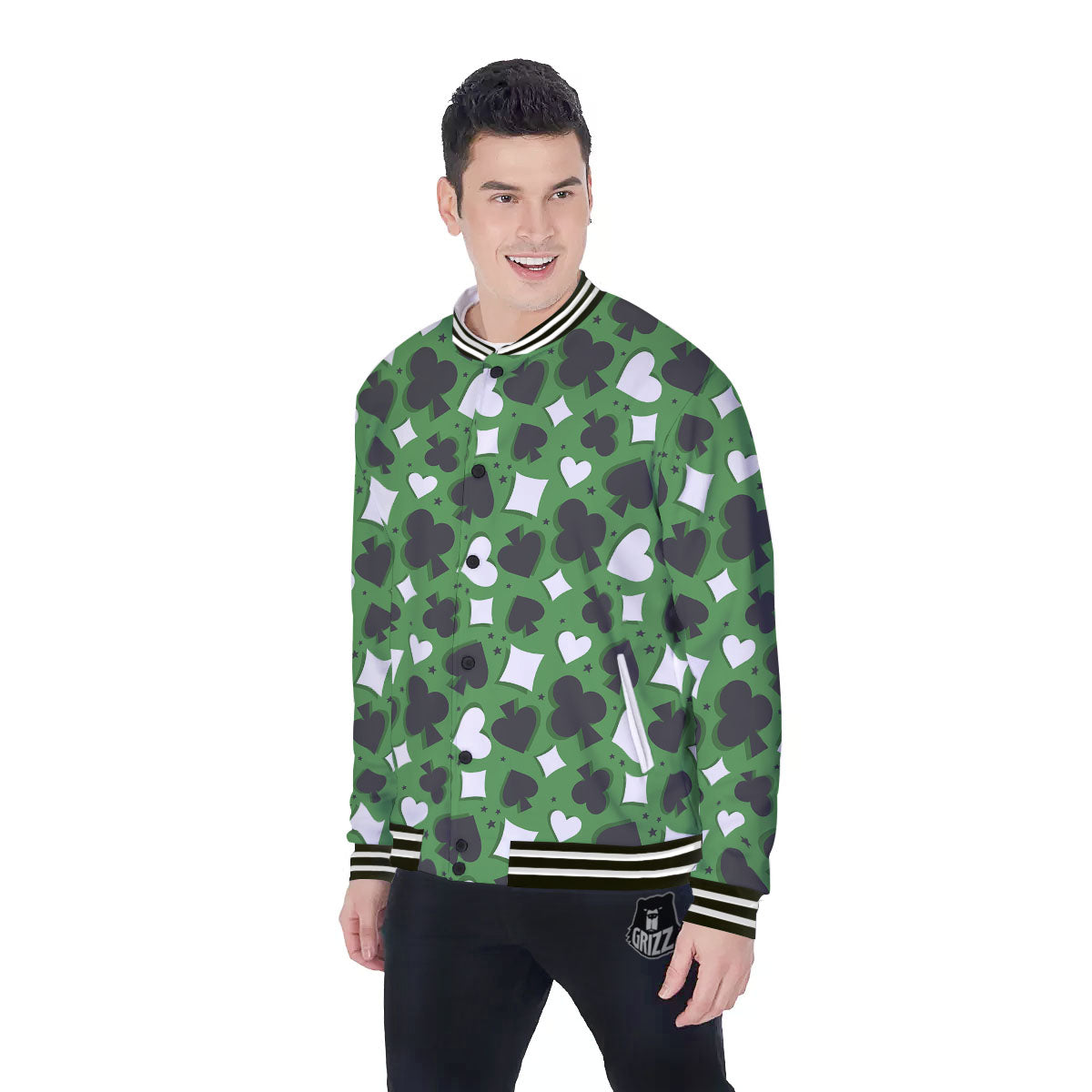 Card Suits Green Playing Print Pattern Baseball Jacket-grizzshop