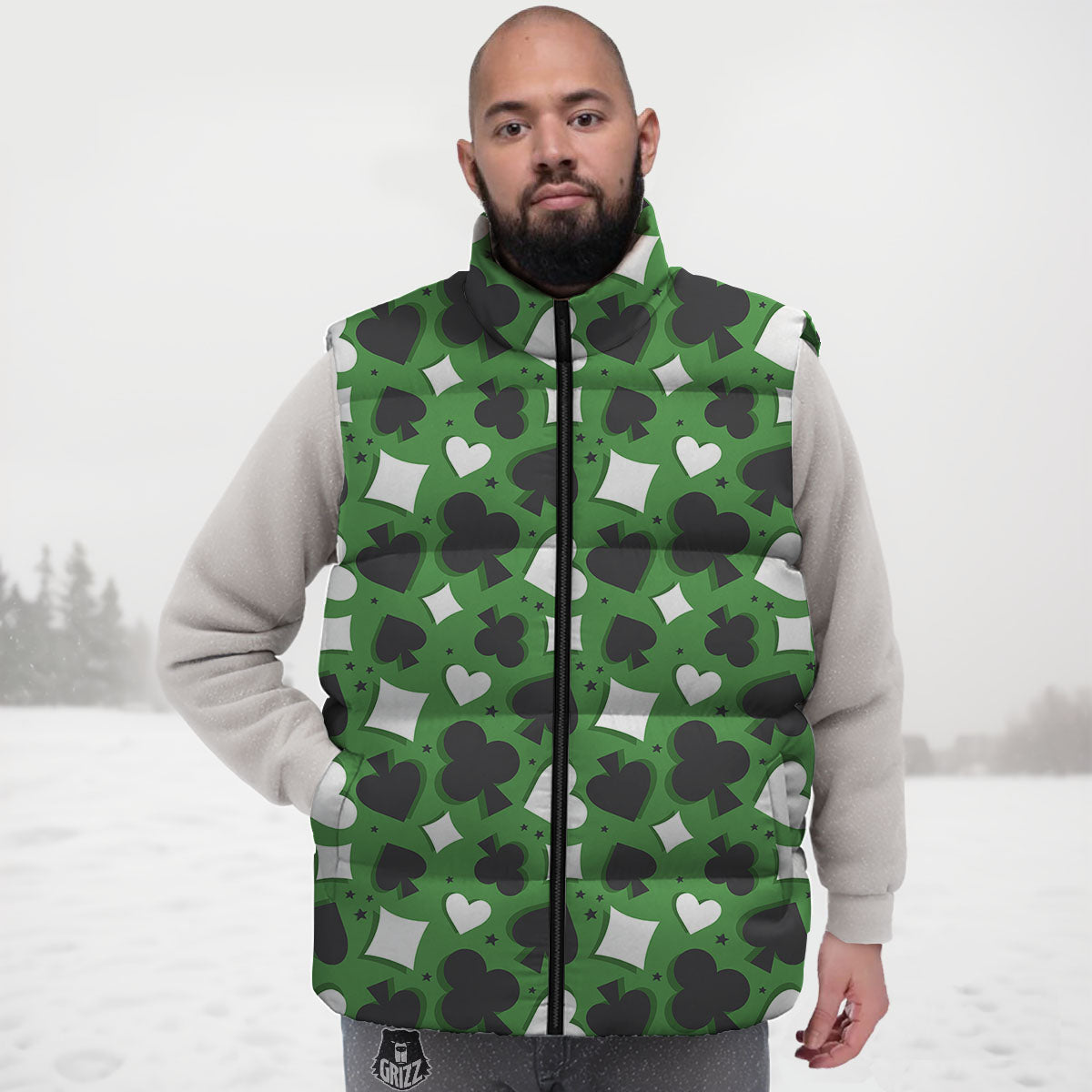 Card Suits Green Playing Print Pattern Down Vest-grizzshop
