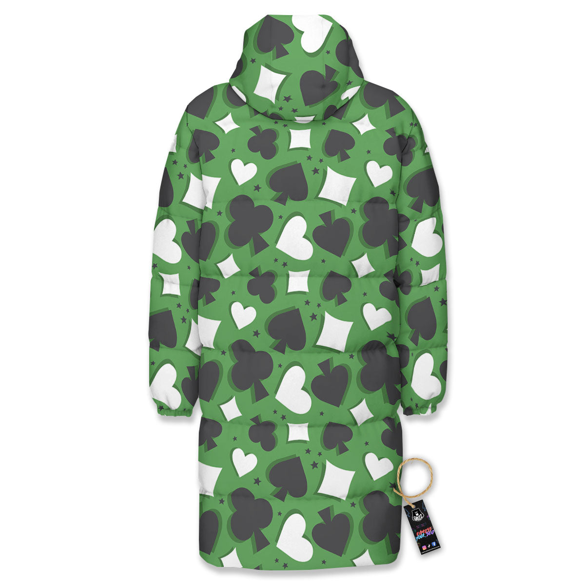 Card Suits Green Playing Print Pattern Long Down Jacket-grizzshop