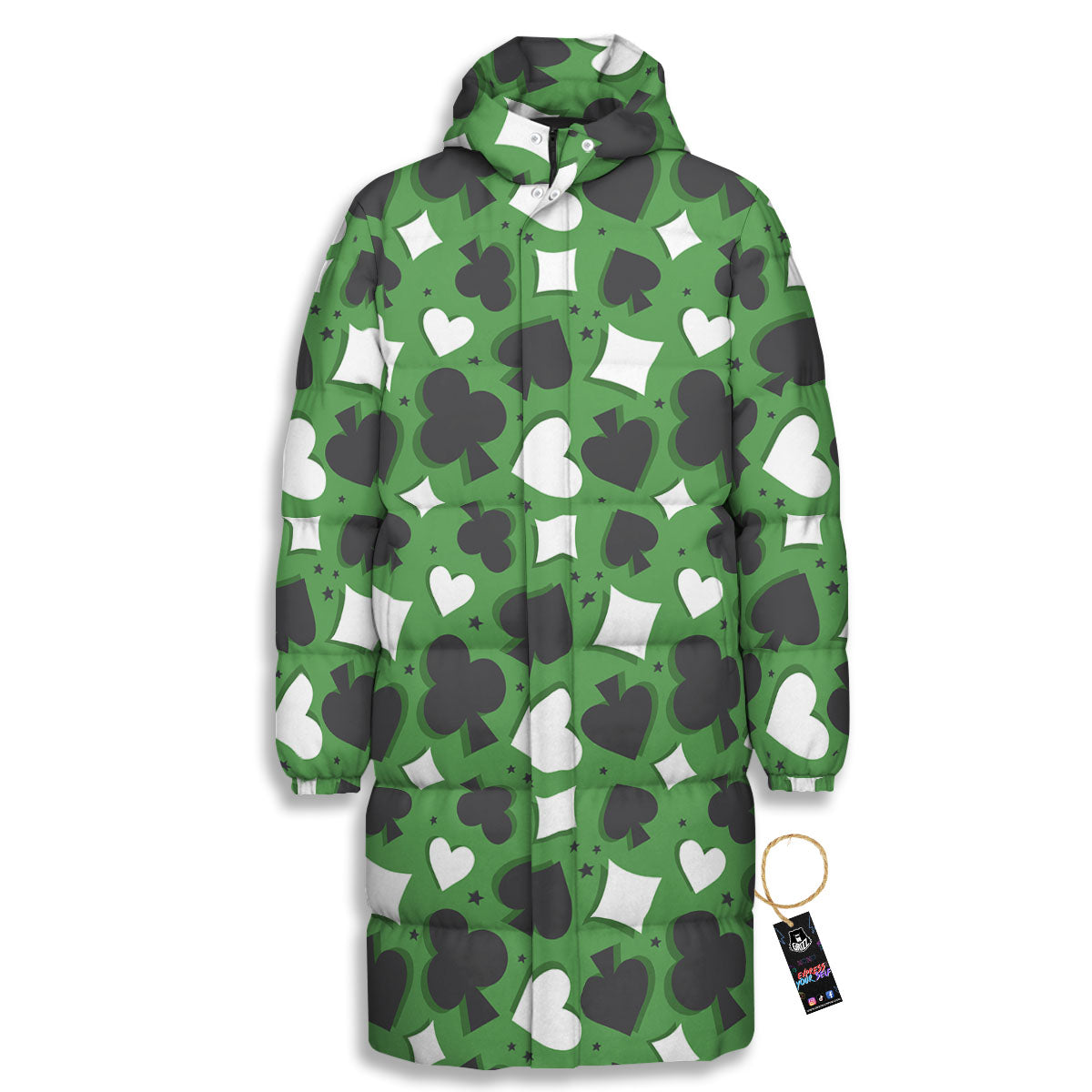 Card Suits Green Playing Print Pattern Long Down Jacket-grizzshop