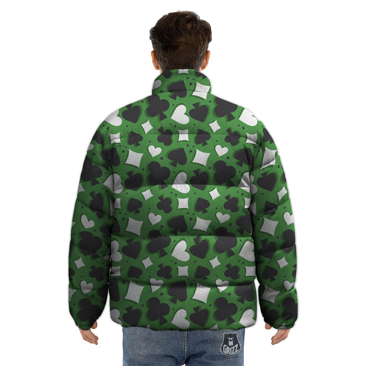 Card Suits Green Playing Print Pattern Puffer Jacket-grizzshop