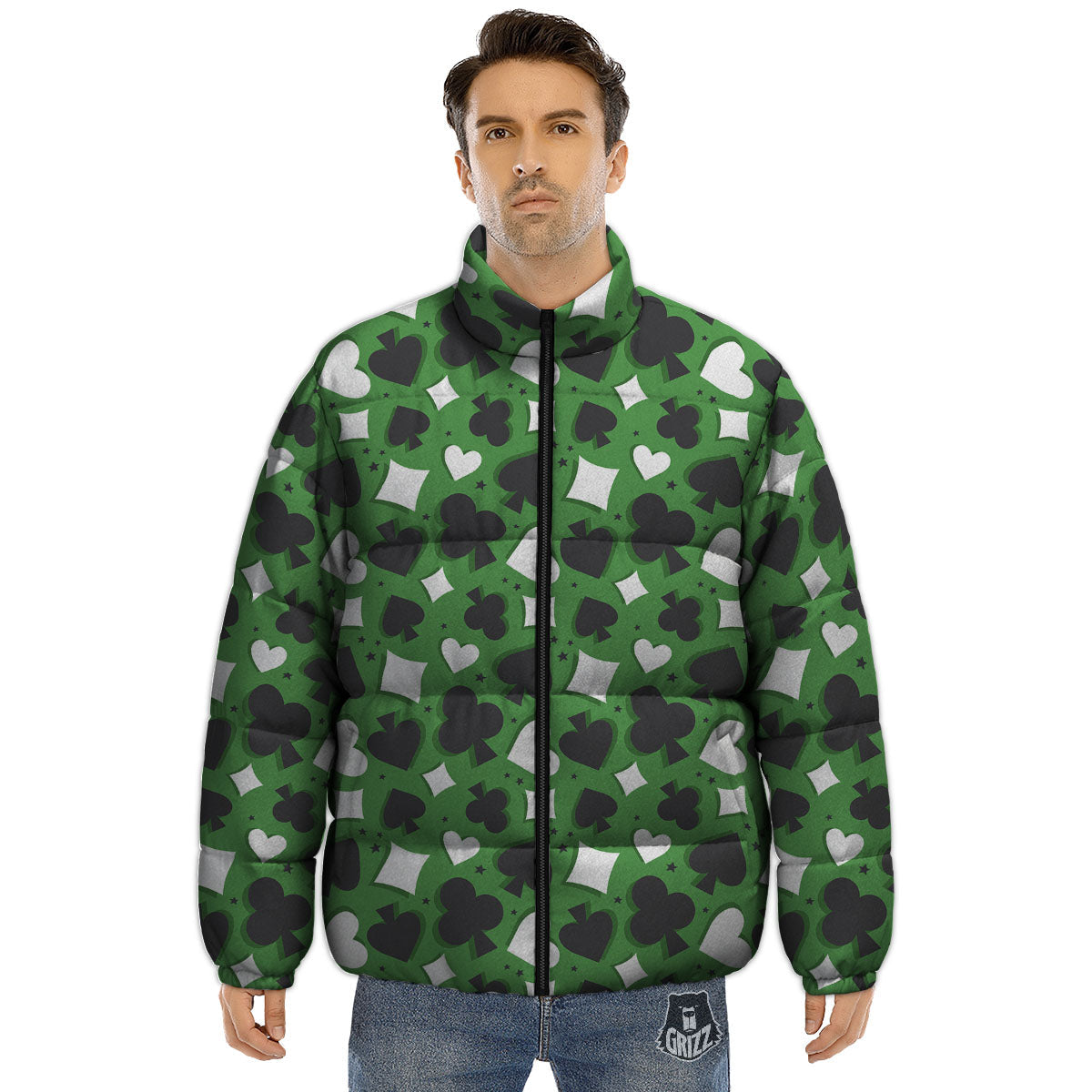 Card Suits Green Playing Print Pattern Puffer Jacket-grizzshop
