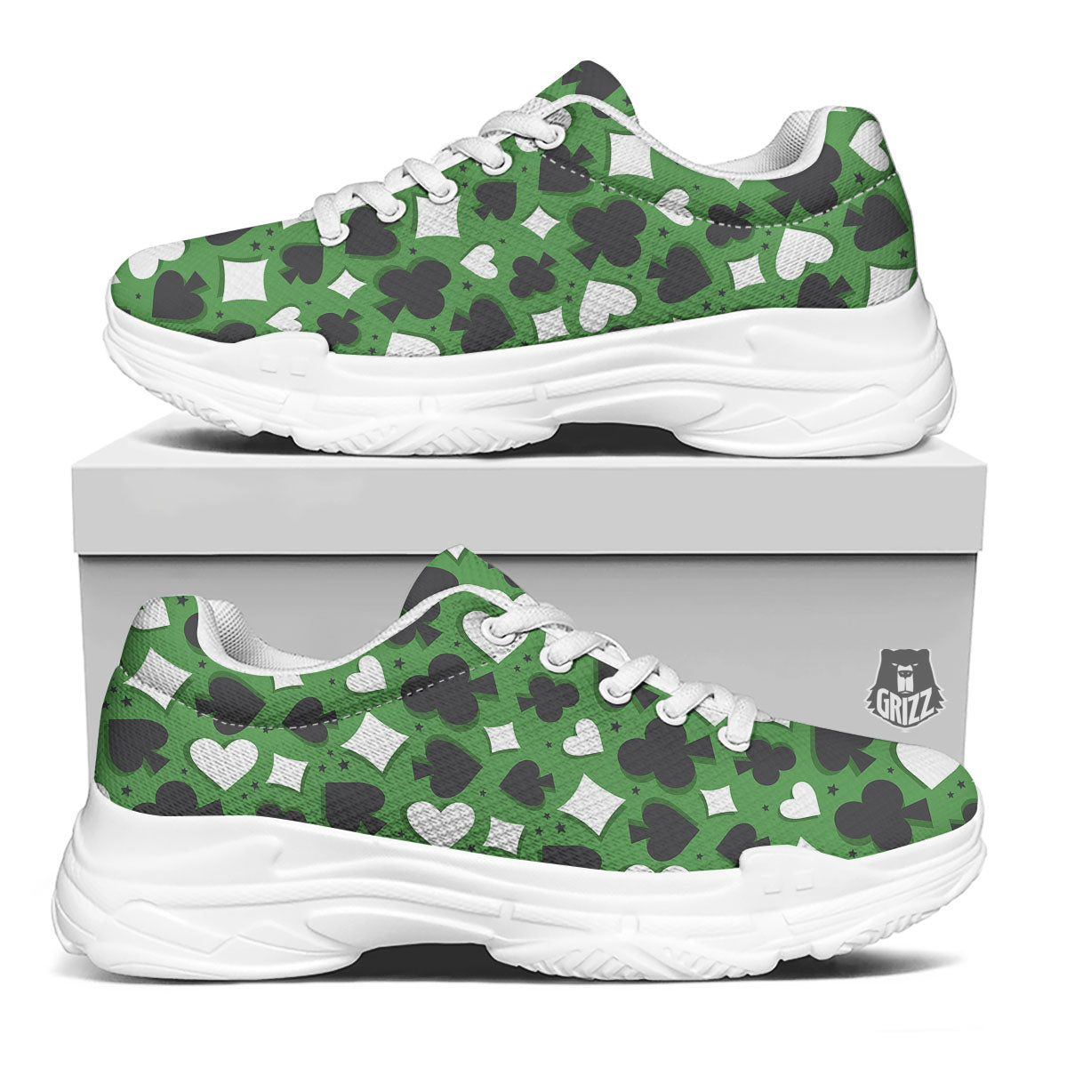 Card Suits Green Playing Print Pattern White Chunky Shoes-grizzshop