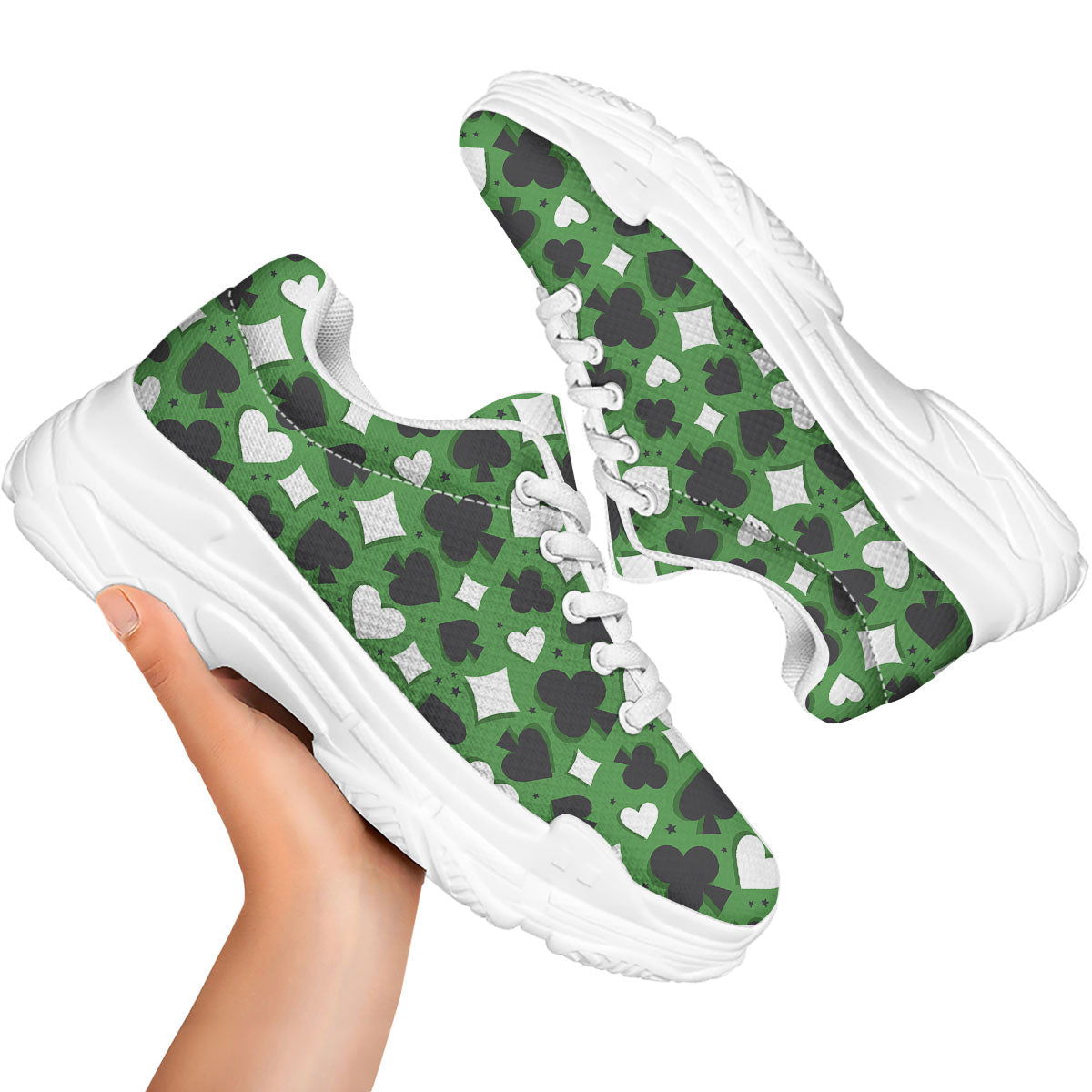 Card Suits Green Playing Print Pattern White Chunky Shoes-grizzshop