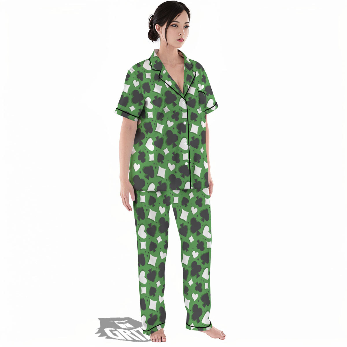 Card Suits Green Playing Print Pattern Women's Pajamas Set-grizzshop