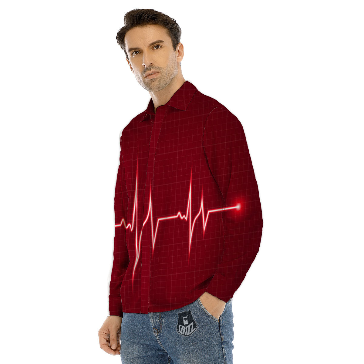 Cardiogram Heartbeat Print Men's Dress Shirts-grizzshop