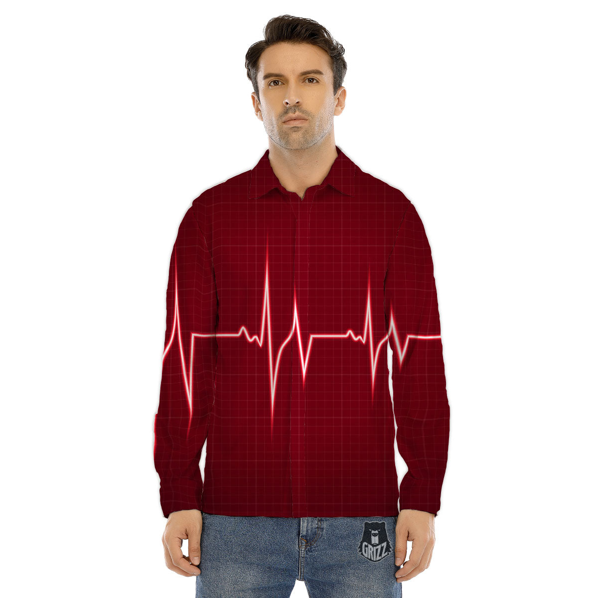 Cardiogram Heartbeat Print Men's Dress Shirts-grizzshop