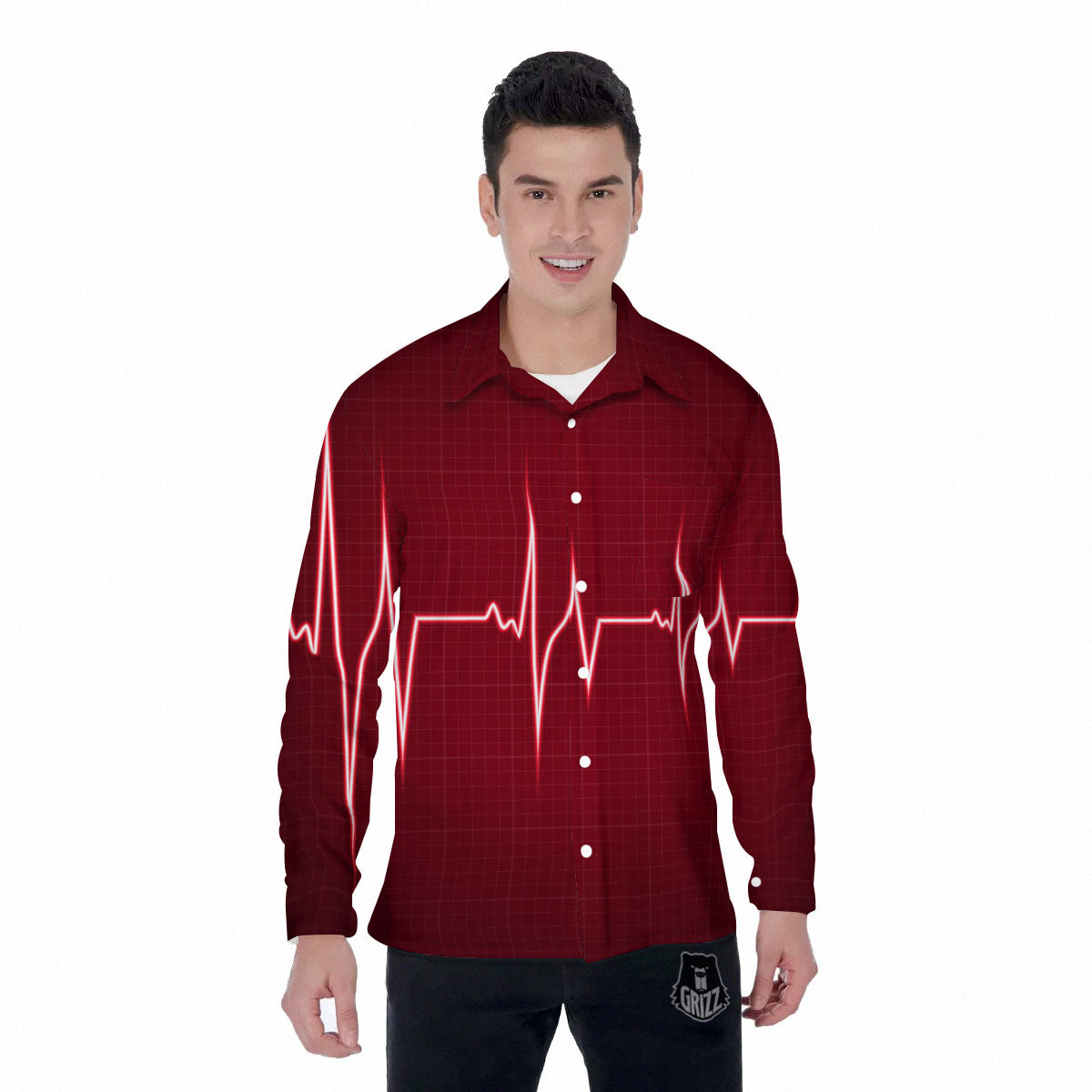 Cardiogram Heartbeat Print Men's Long Sleeve Shirts-grizzshop