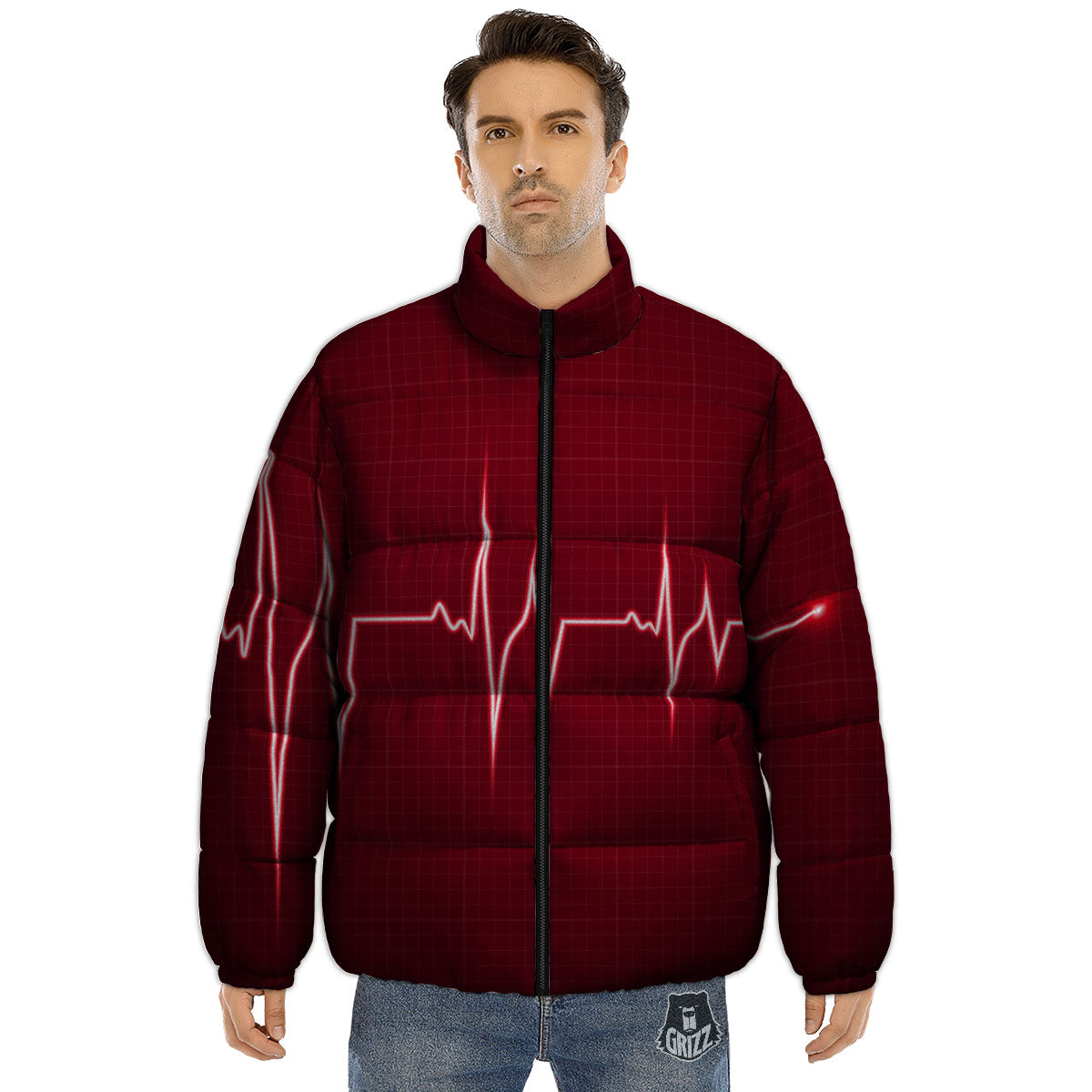 Cardiogram Heartbeat Print Puffer Jacket-grizzshop