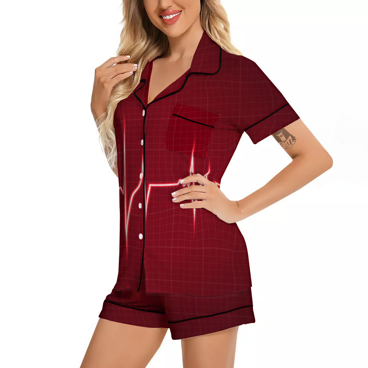 Cardiogram Heartbeat Print Women Silk Pajamas-grizzshop