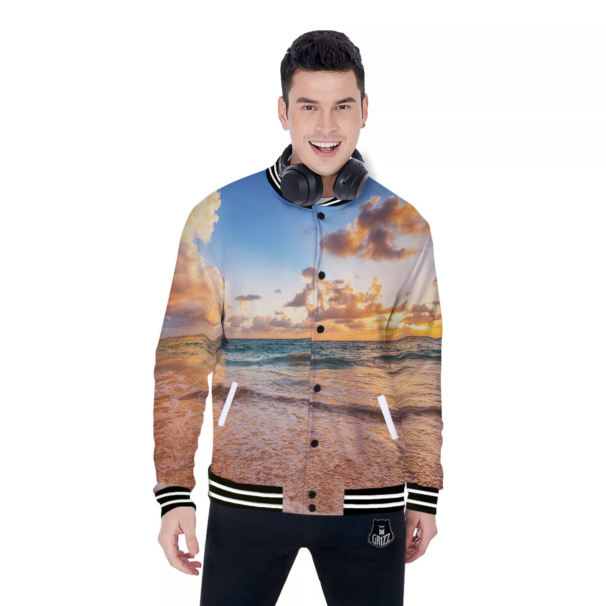 Caribbean Ocean Print Baseball Jacket-grizzshop