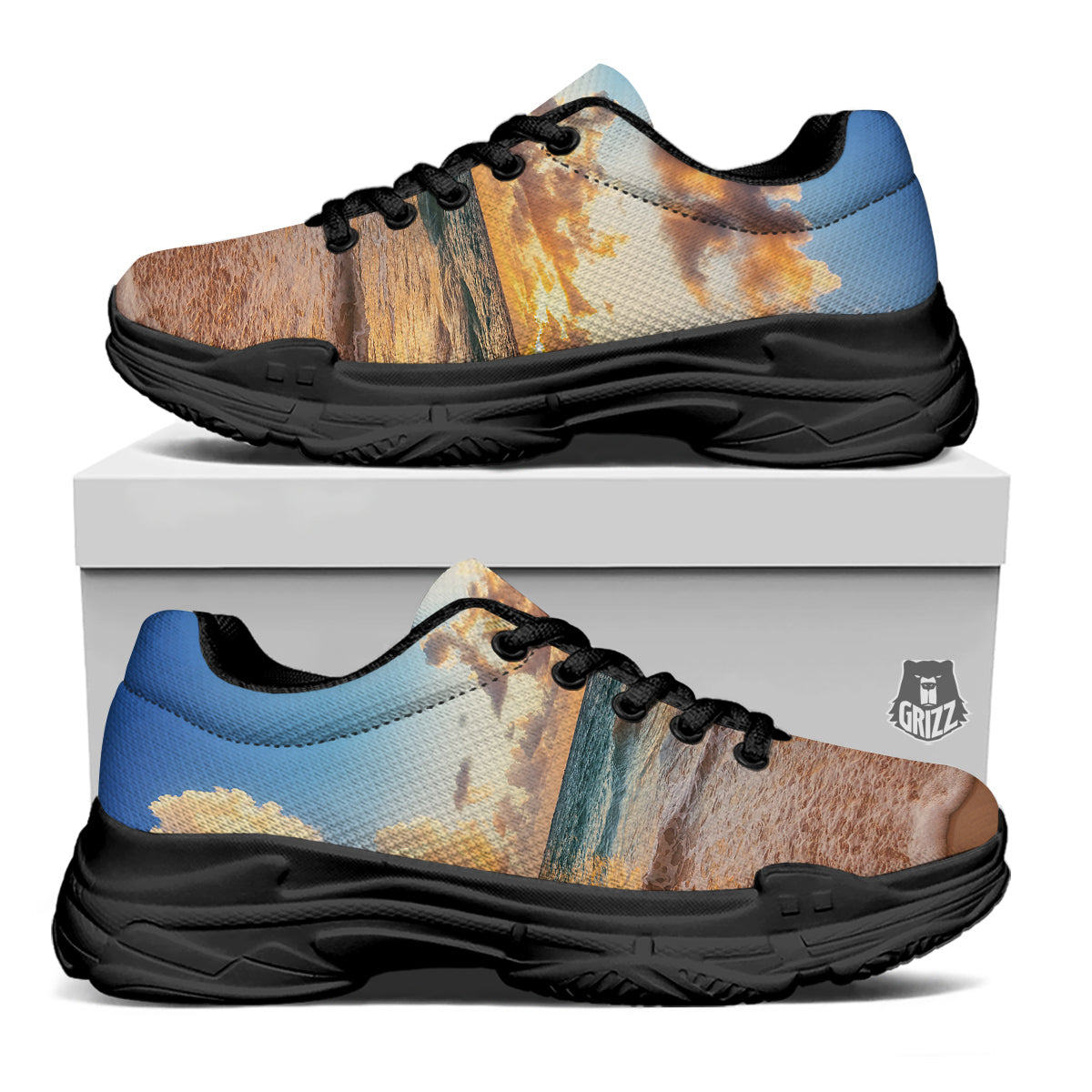 Caribbean Ocean Print Black Chunky Shoes-grizzshop