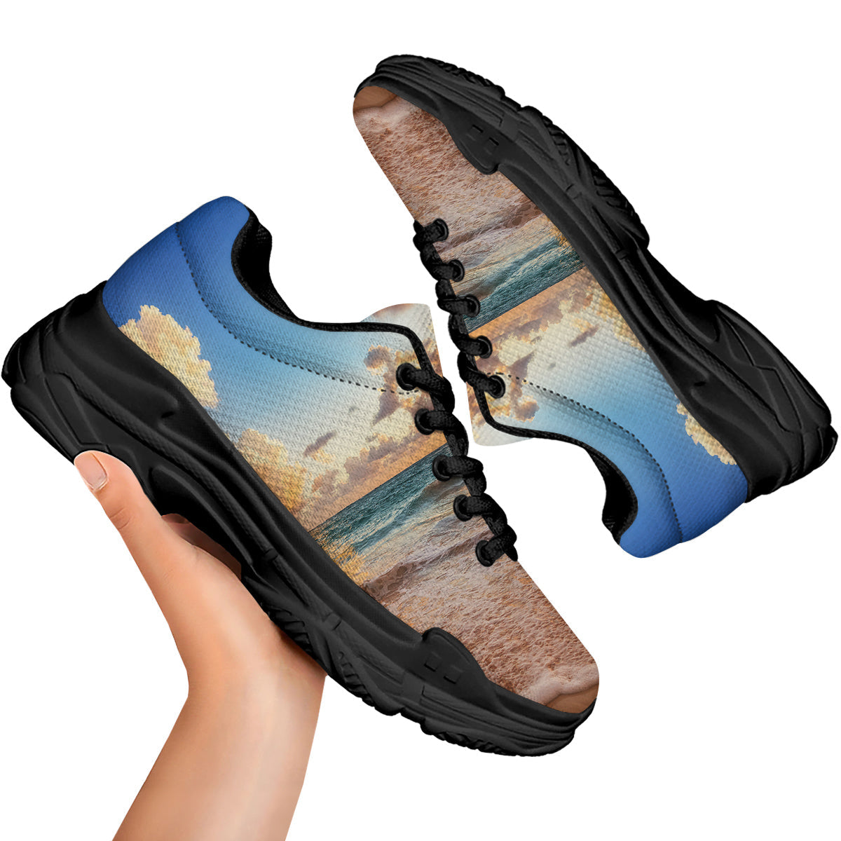 Caribbean Ocean Print Black Chunky Shoes-grizzshop
