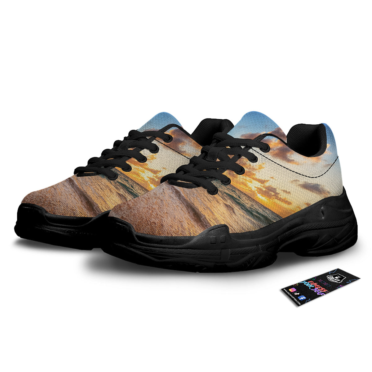 Caribbean Ocean Print Black Chunky Shoes-grizzshop