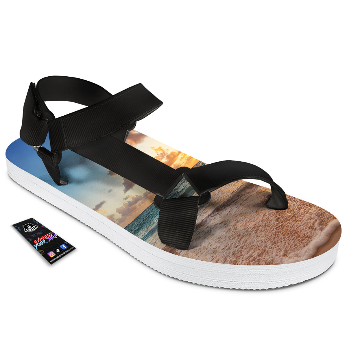Caribbean Ocean Print Black Open Toe Sandals-grizzshop