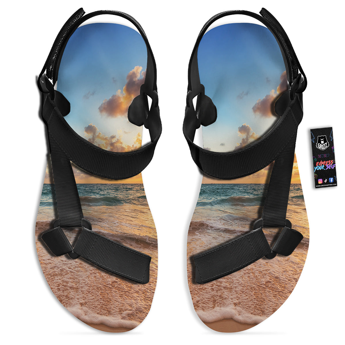 Caribbean Ocean Print Black Open Toe Sandals-grizzshop