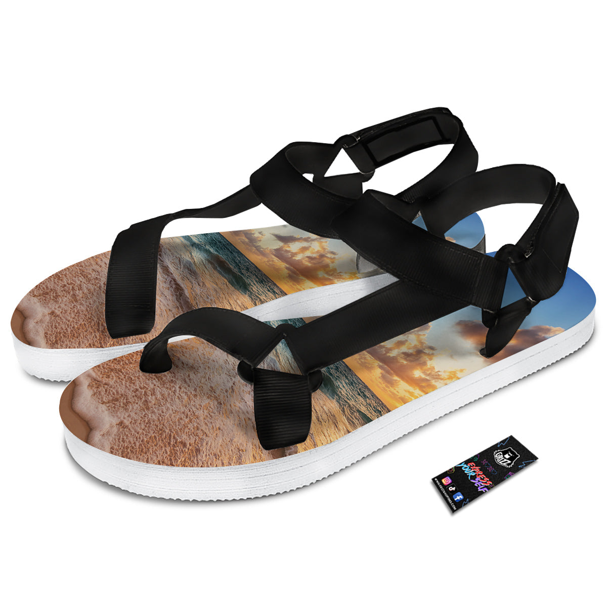 Caribbean Ocean Print Black Open Toe Sandals-grizzshop