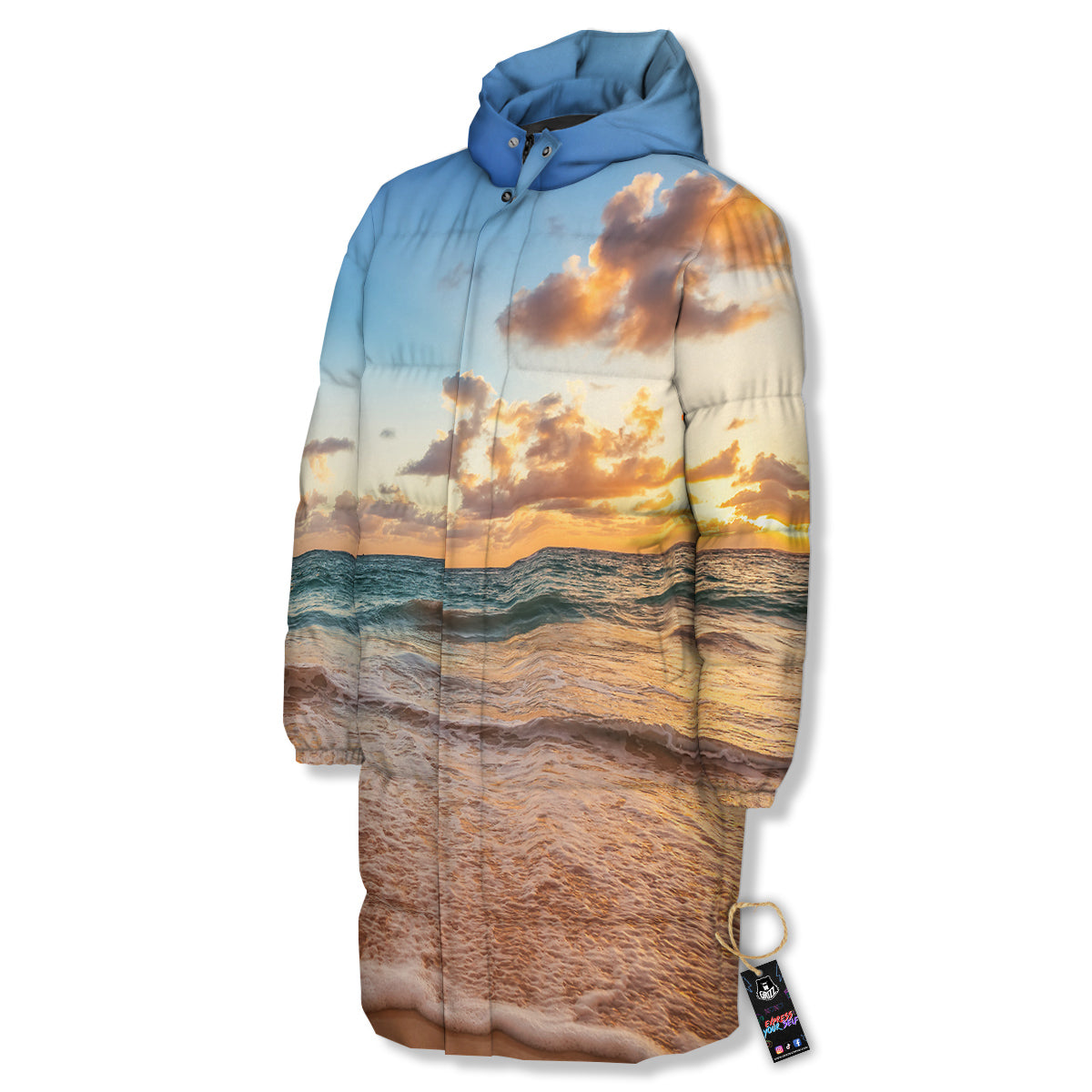 Caribbean Ocean Print Long Down Jacket-grizzshop