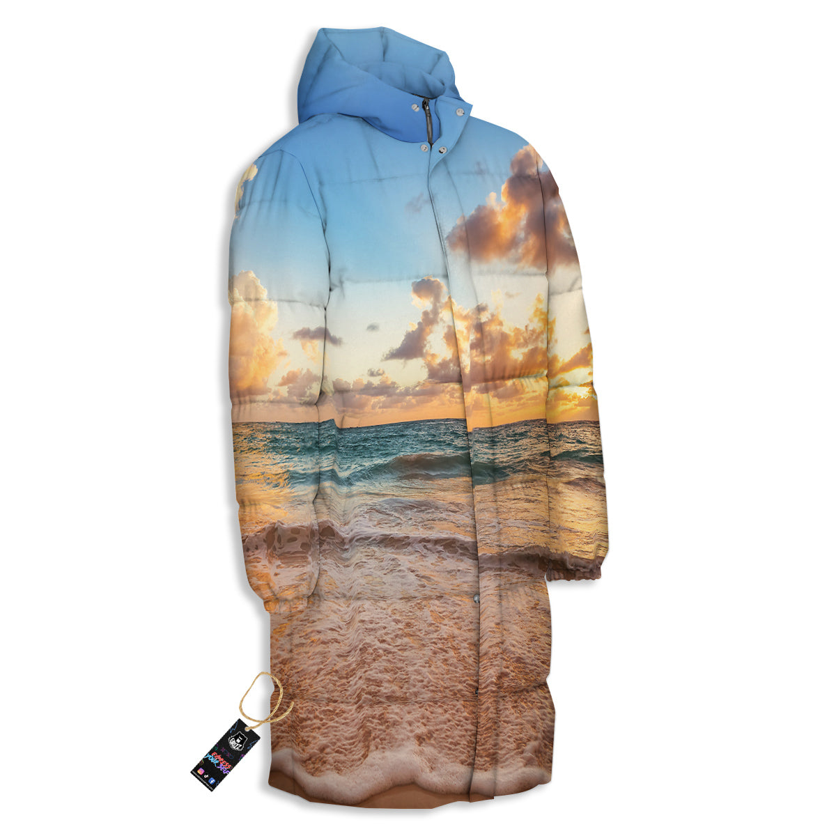 Caribbean Ocean Print Long Down Jacket-grizzshop