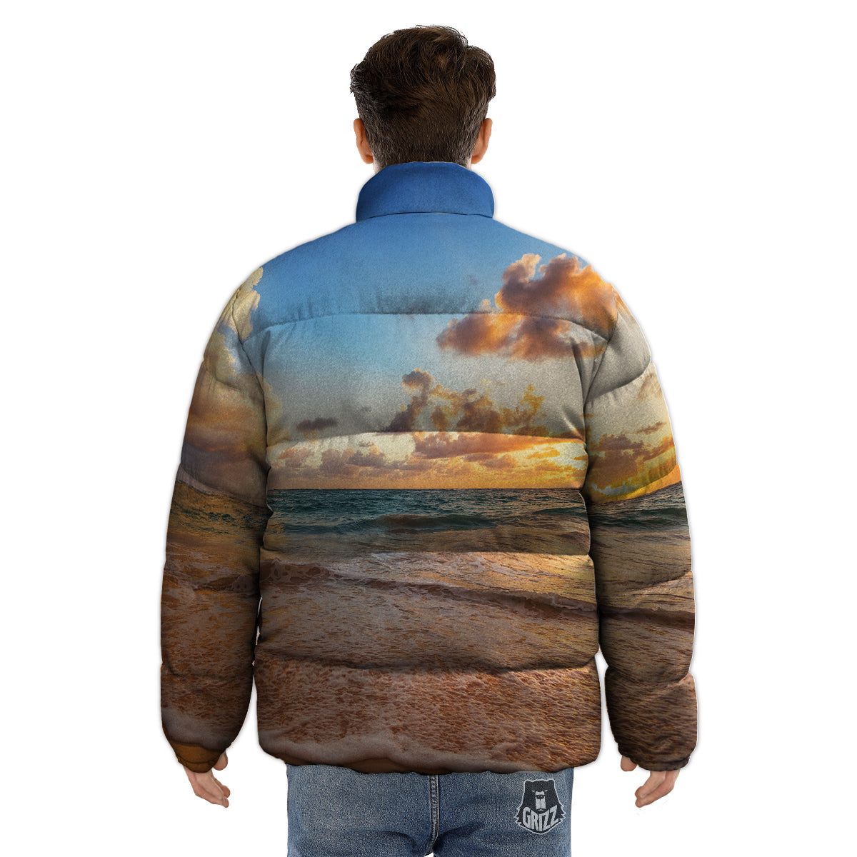 Caribbean Ocean Print Puffer Jacket-grizzshop