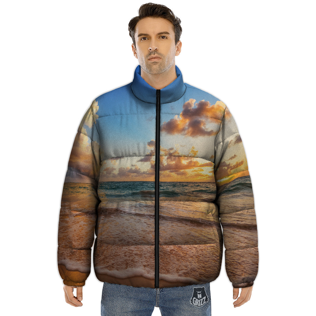Caribbean Ocean Print Puffer Jacket-grizzshop