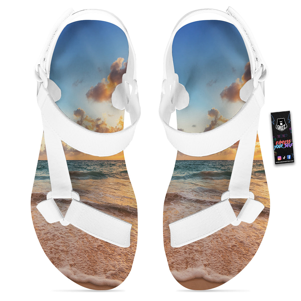 Caribbean Ocean Print White Open Toe Sandals-grizzshop