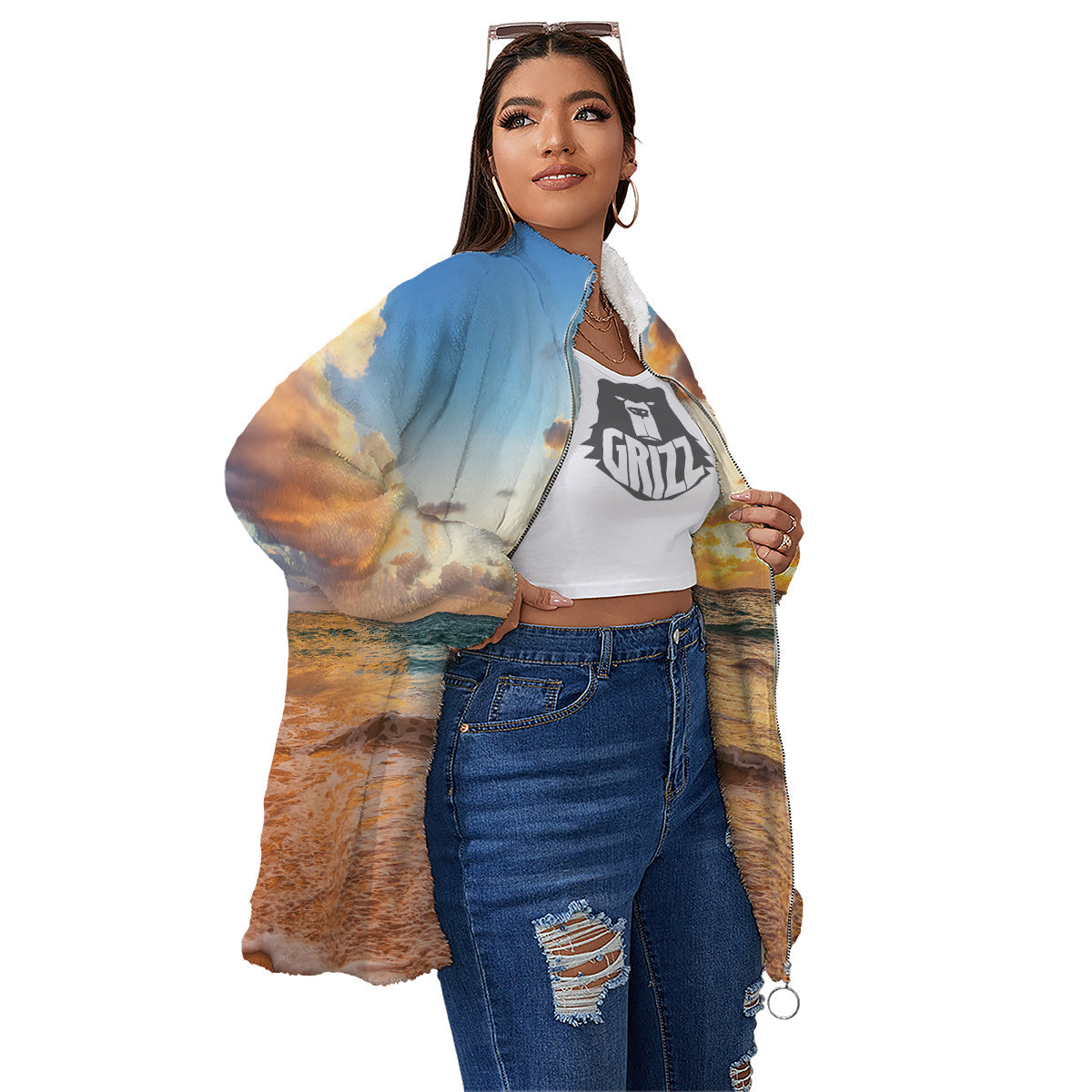 Caribbean Ocean Print Women's Sherpa Jacket-grizzshop