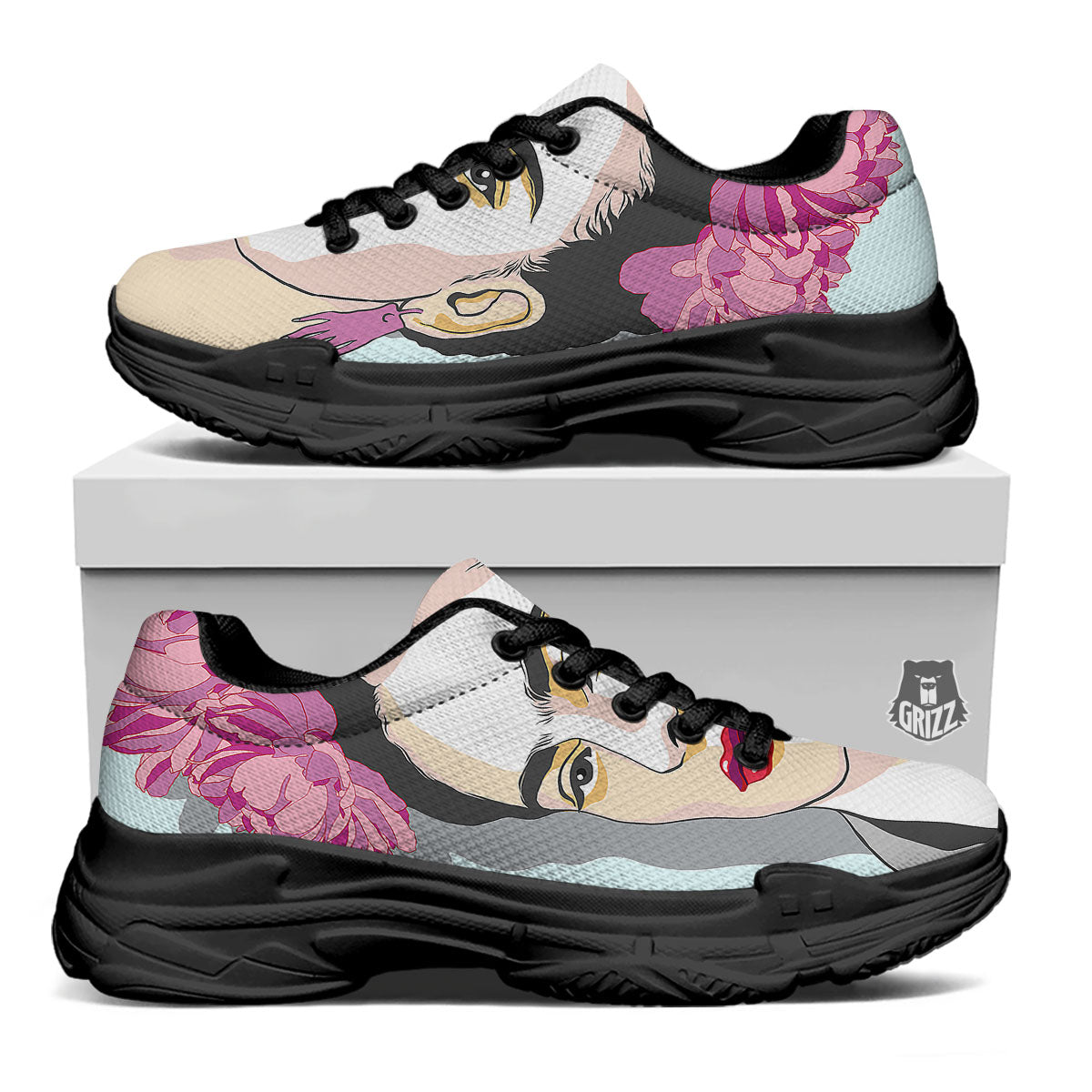 Carmen Frida Kahlo Magdalena Print Black Chunky Shoes-grizzshop