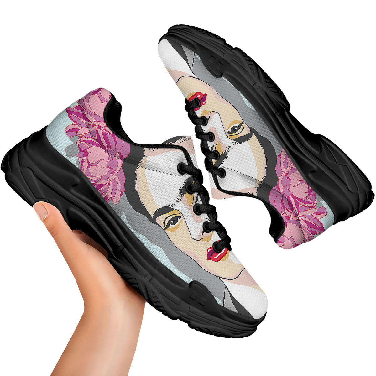 Carmen Frida Kahlo Magdalena Print Black Chunky Shoes-grizzshop