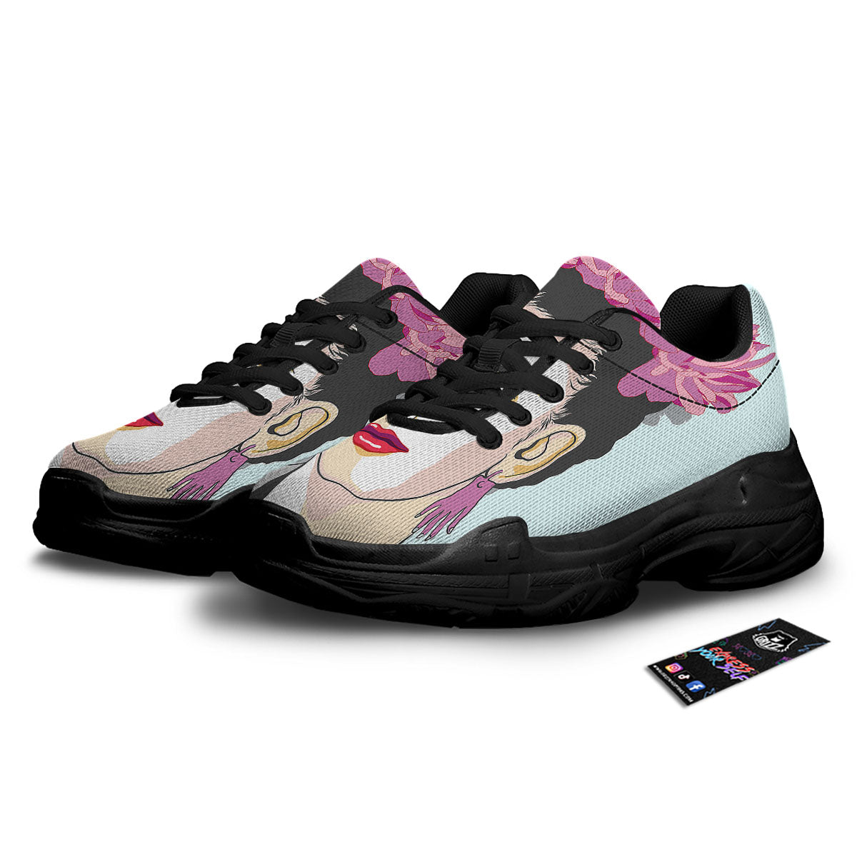 Carmen Frida Kahlo Magdalena Print Black Chunky Shoes-grizzshop