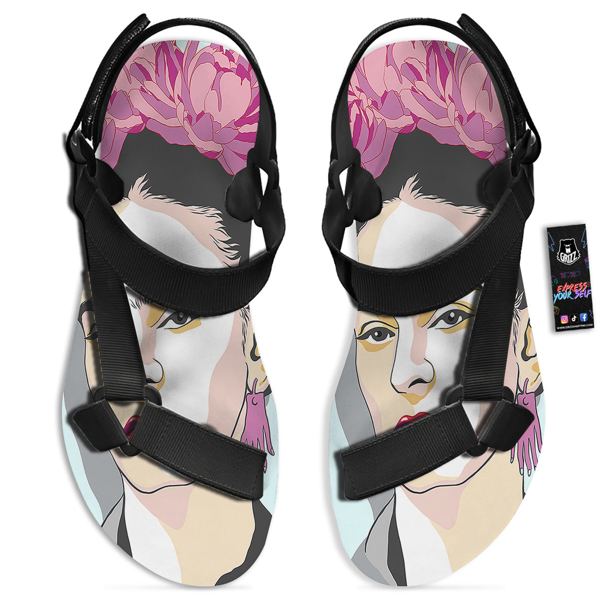 Carmen Frida Kahlo Magdalena Print Black Open Toe Sandals-grizzshop