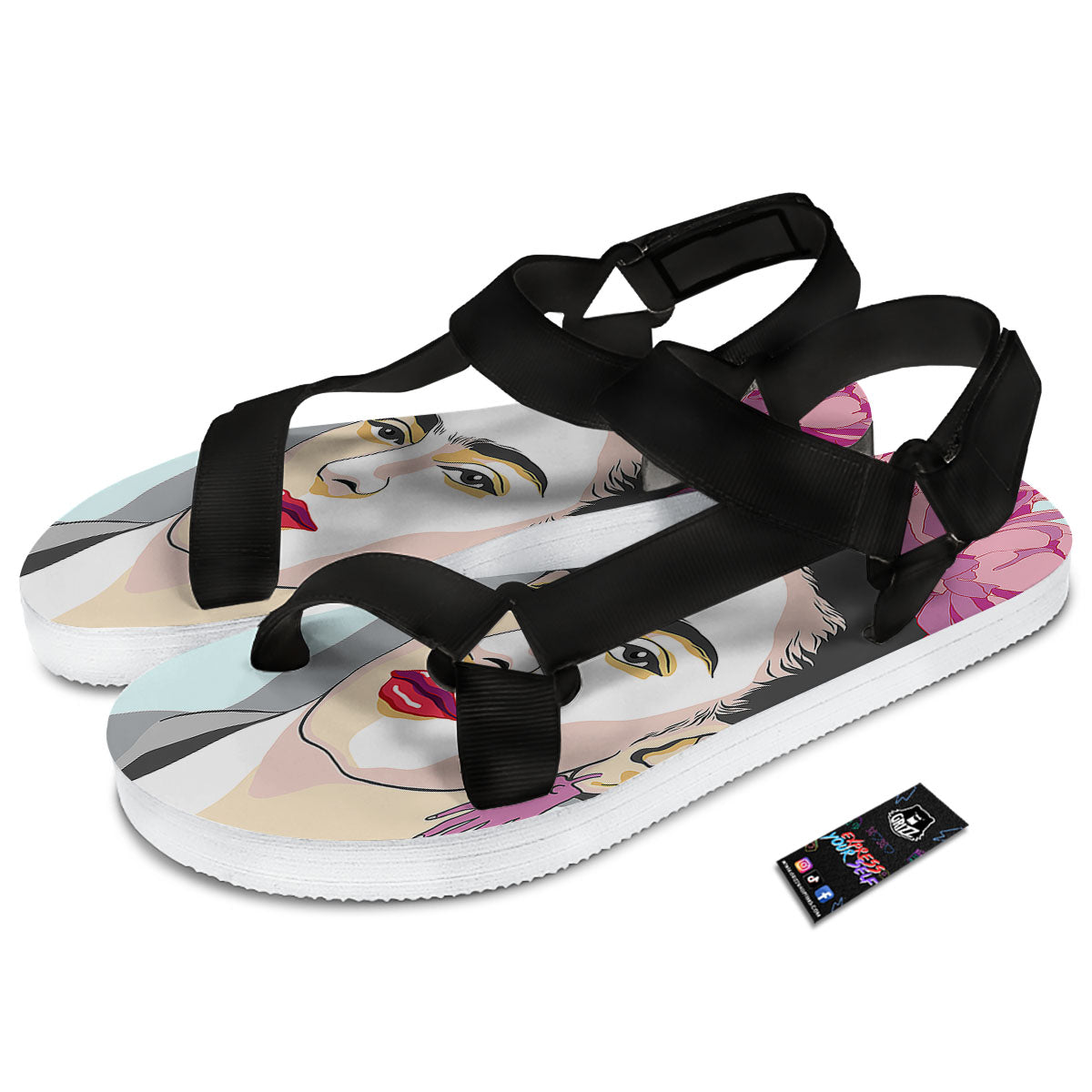 Carmen Frida Kahlo Magdalena Print Black Open Toe Sandals-grizzshop