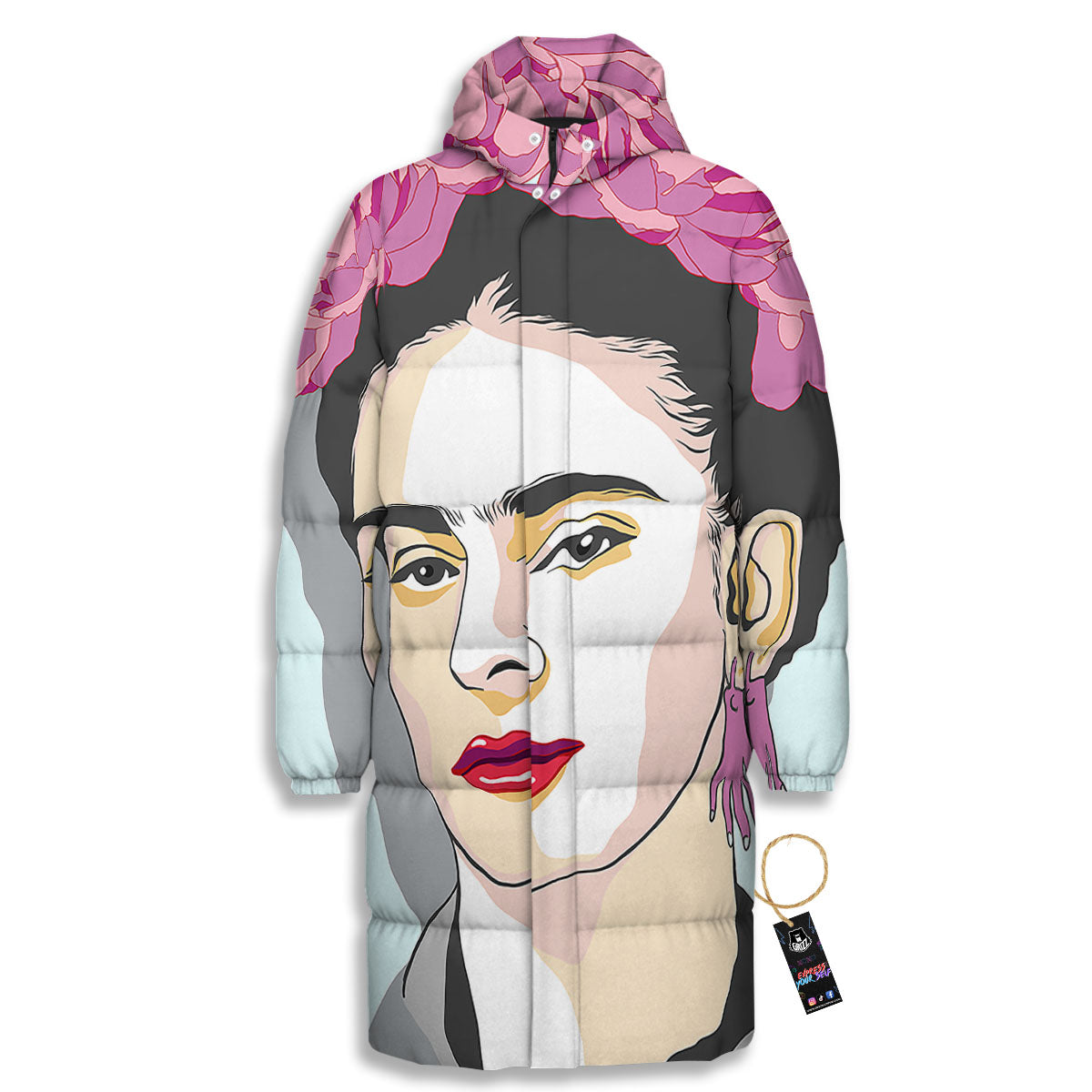 Carmen Frida Kahlo Magdalena Print Long Down Jacket-grizzshop
