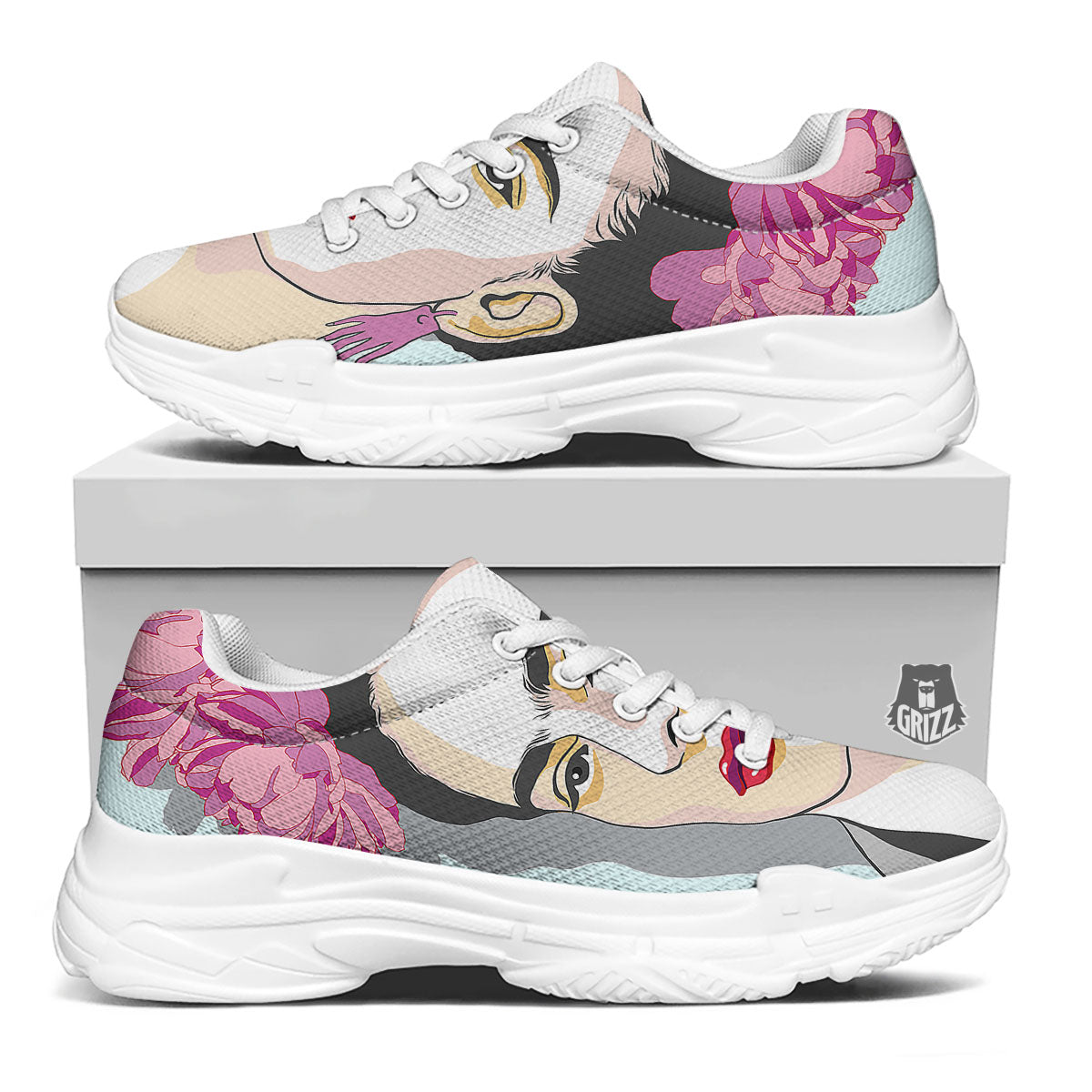 Carmen Frida Kahlo Magdalena Print White Chunky Shoes-grizzshop