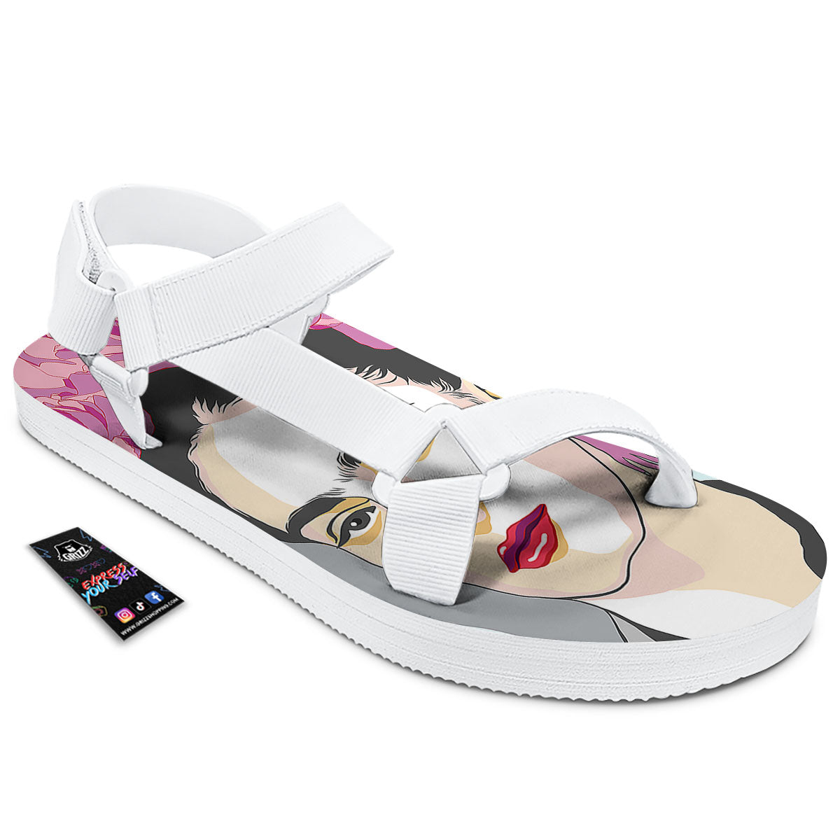 Carmen Frida Kahlo Magdalena Print White Open Toe Sandals-grizzshop