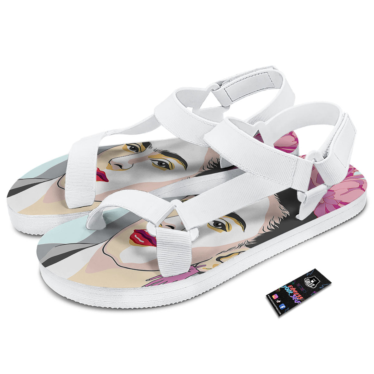 Carmen Frida Kahlo Magdalena Print White Open Toe Sandals-grizzshop