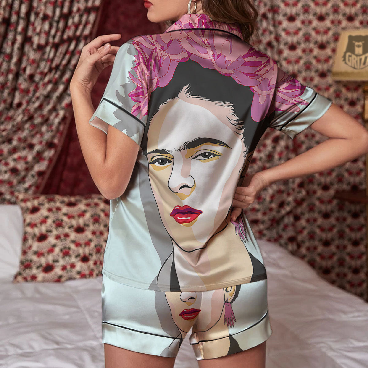 Carmen Frida Kahlo Magdalena Print Women Silk Pajamas-grizzshop