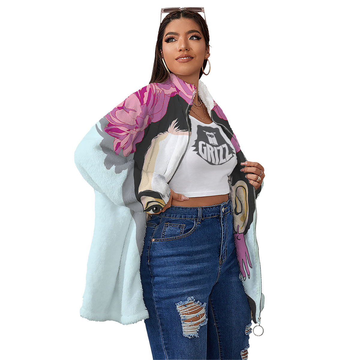Carmen Frida Kahlo Magdalena Print Women's Sherpa Jacket-grizzshop