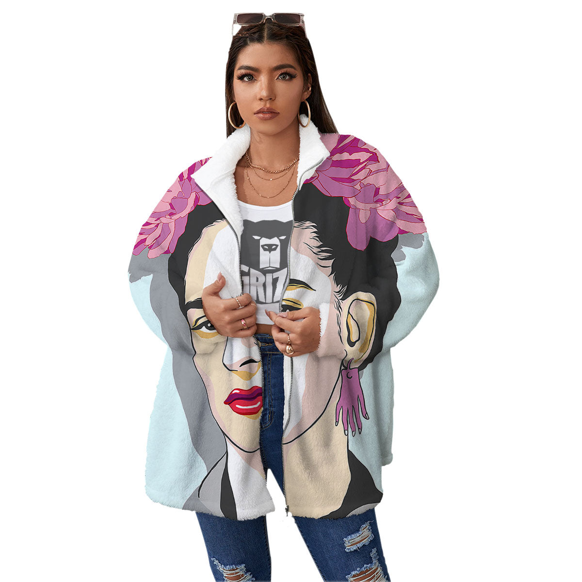 Carmen Frida Kahlo Magdalena Print Women's Sherpa Jacket-grizzshop